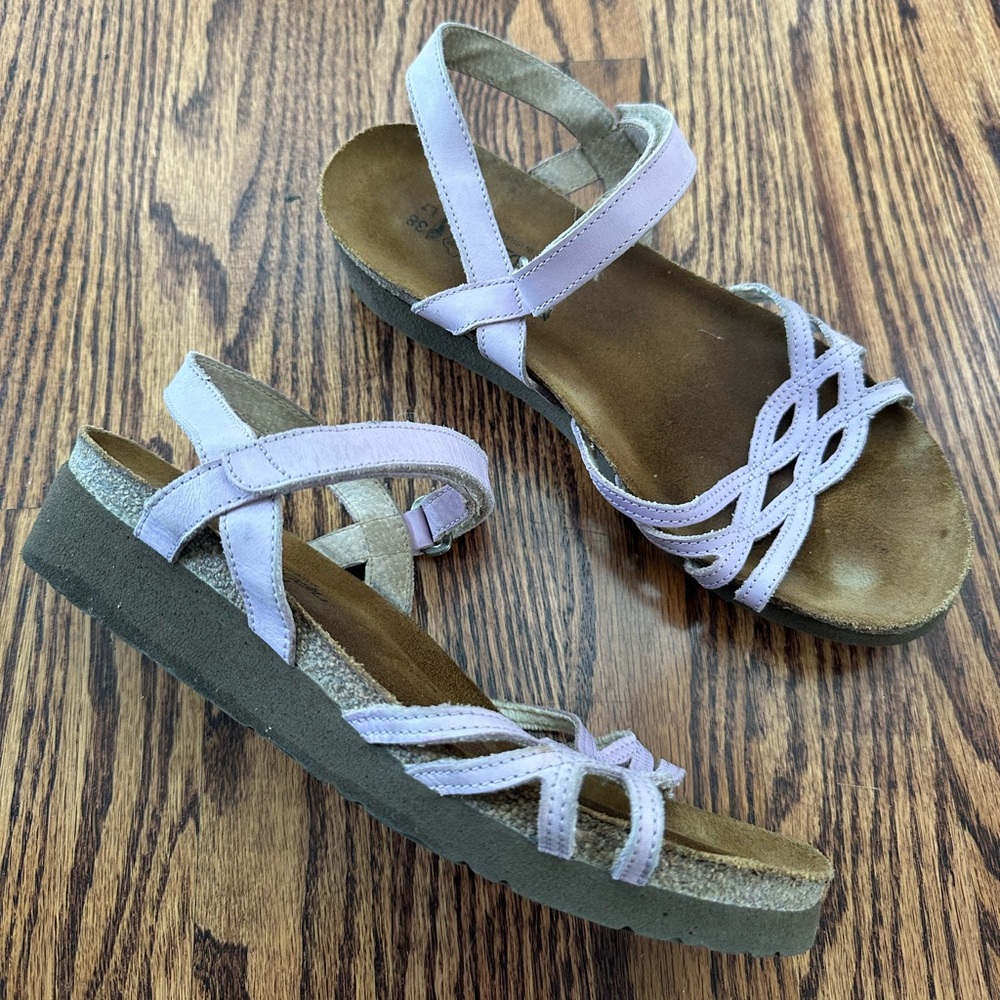 NAOT Cross‎ Strap Leather Cork Cross Strap Purple Wedge Sandal Women's 38